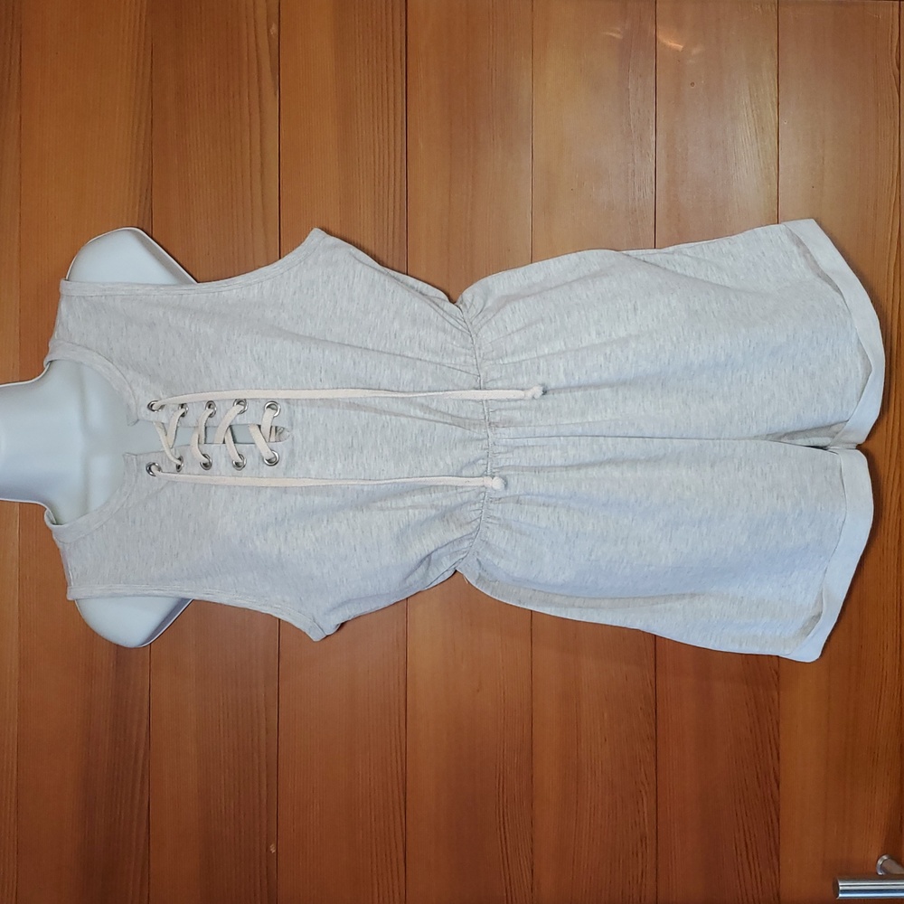 Fashion Nova Size L Romper Grey Jersey Stretchy Tie Lace Up Neck Tank Shorts